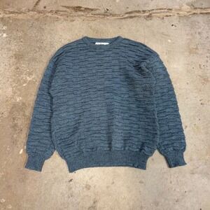 BEBE Mens Textured Knit‎ Crewneck Sweater Blue Acrylic Wool Blend Made in Italy